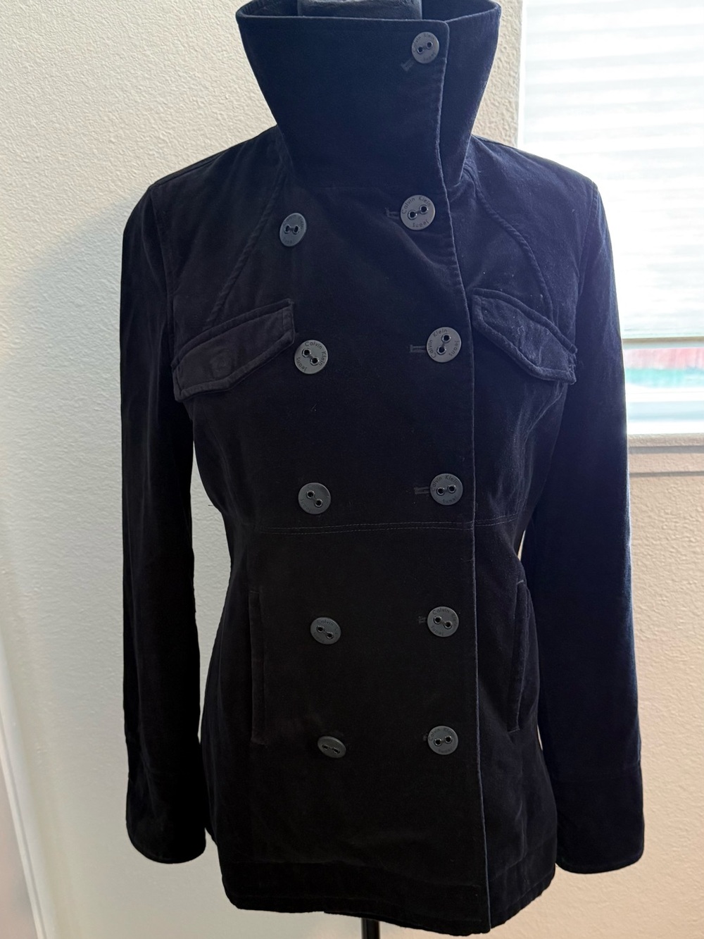 Calvin Klein Jeans Black Velvet Jacket Double Breasted Blazer High Collar